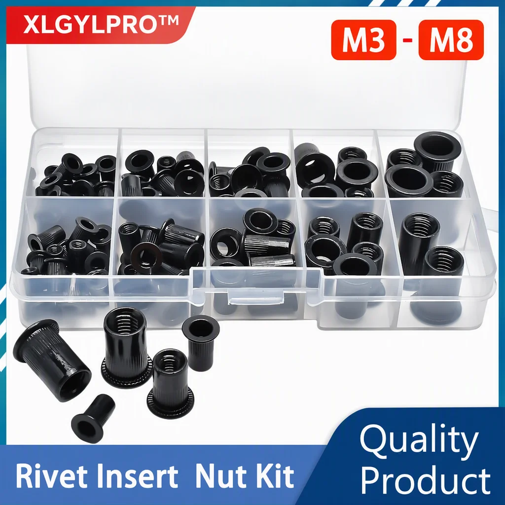 110Pcs Flat Rivet Nuts Kits With Box 304 Stainless Steel Carbon Steel Aluminum Black Zinc Plated Metal Panel Lock Clamp Rivnut