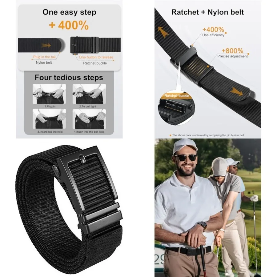

Ratchet Golf Belt for Men, Nylon Web Tactical Belt with Automatic Slide Buckle，X-Large- for Waist 46"-49" (Length 57")，Black