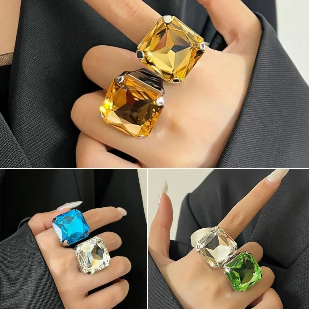 Square Shape Square Rhinestone Ring Adjustable Size Rhinestone Crystal Adjustable Crystal Ring Exaggerated Giant Large Size