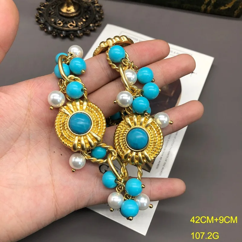 

Retro Style Fashion New Design Turquoise Pearl Pendant Necklace Temperament Elegant Versatile Short Neck Chain