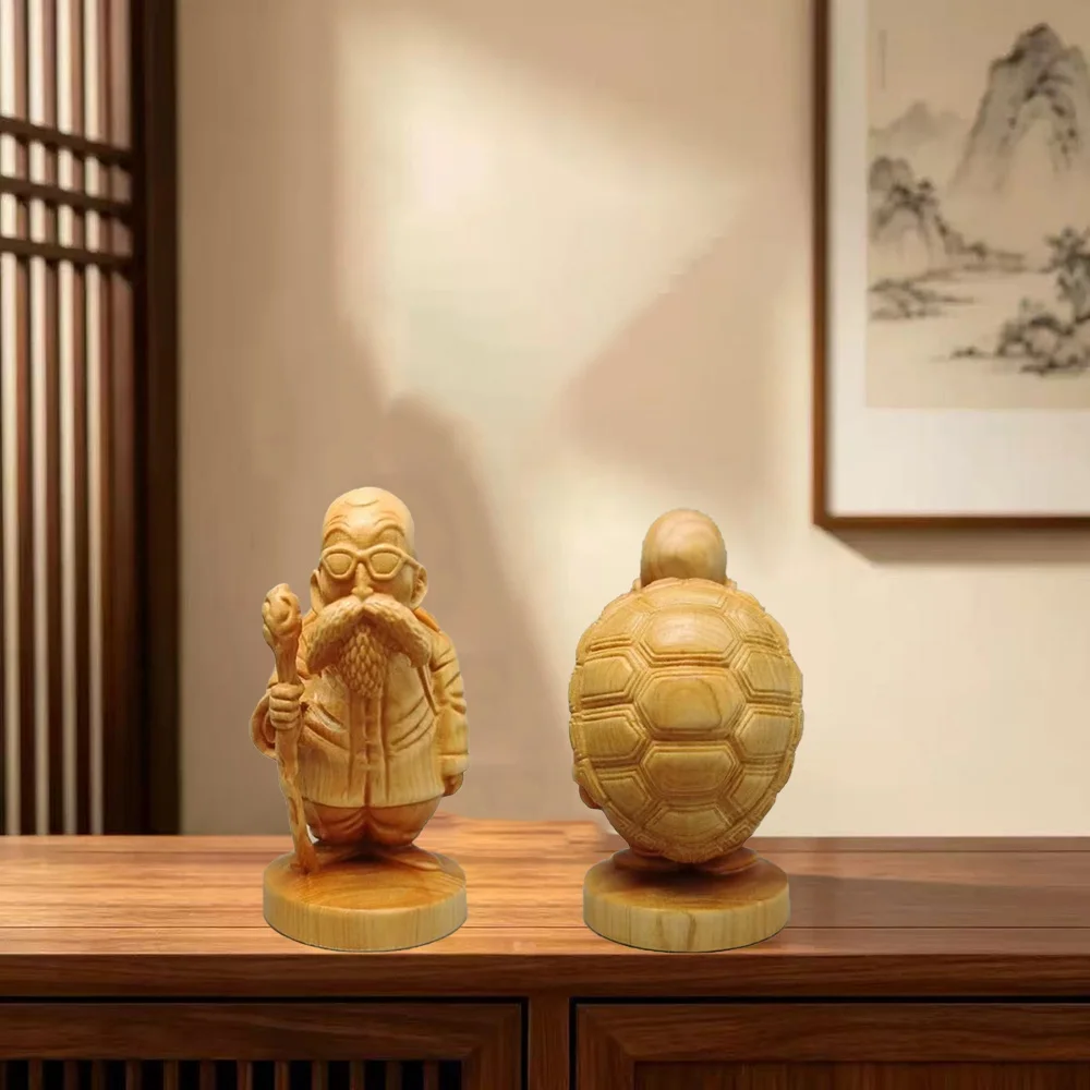 Wooden Turtle Master Figurine,  Old Man with Shell Statue, Funny Mini Office Desk Decor, Natural Wood Anime Style Ornament