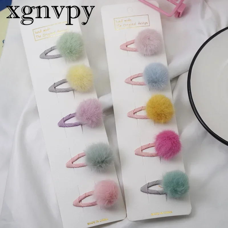 xgnvpy 5pcs/set Cute Girls Hairpins Small Lovely Soft Fur Pompom Mini Ball Hair Clips Children Headwear Kids Hair Accessories