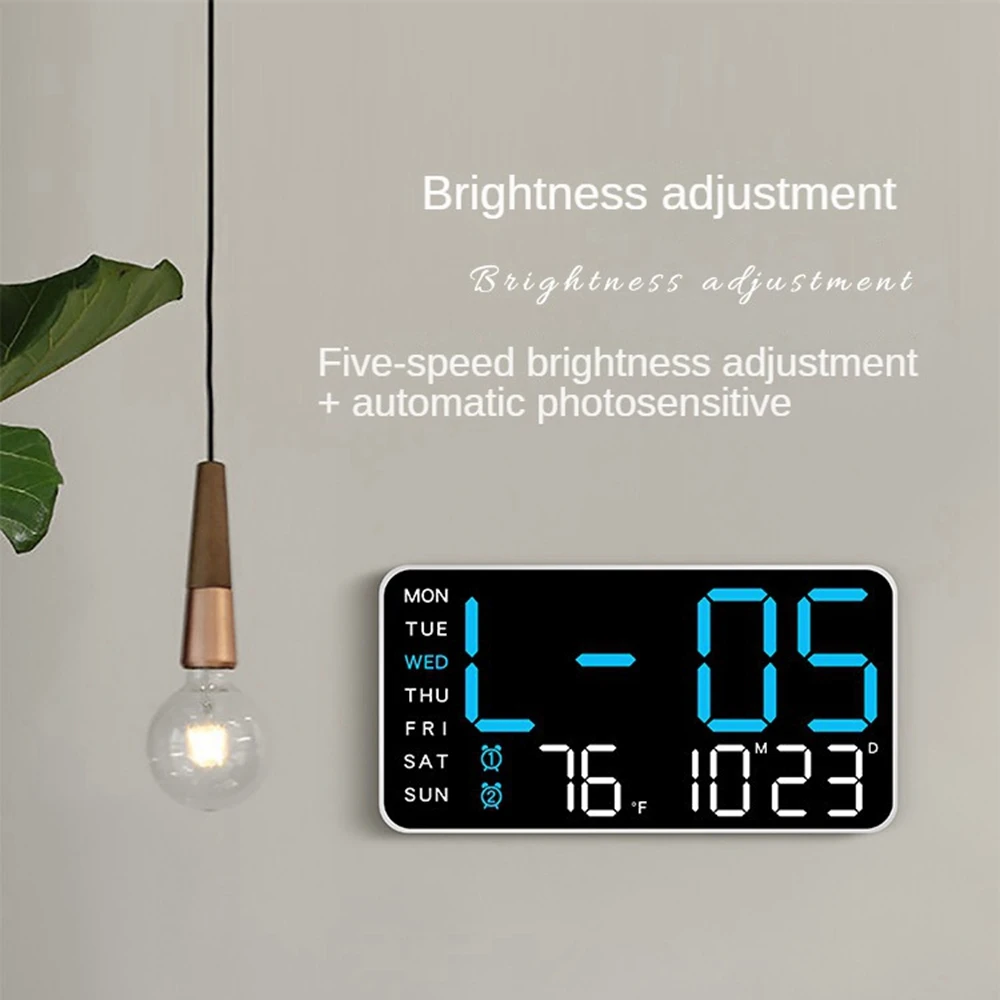 Large Digital Wall Clock Week Date Temperature Display Voice Control Table LED Alarm Clocks Brightness Adjustable 12/24H Clock