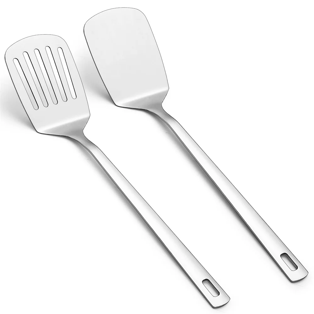 2pack Spatulas Set Stainless Steel Silver Slotted Turner and Solid Turner BBQ Spatulas Cooking Utensils for Fish, Eggs, Pancakes