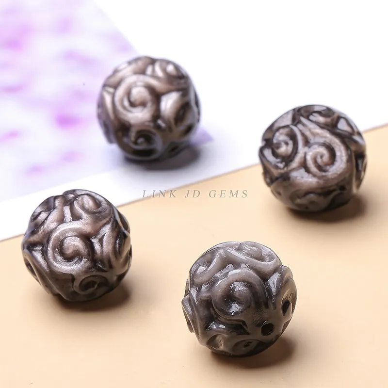 1 Pc Natural Silver Obsidian Flower Patterned Bead Fit Pendant Charms For Jewerly Making Diy Bracelet Necklace Accessory