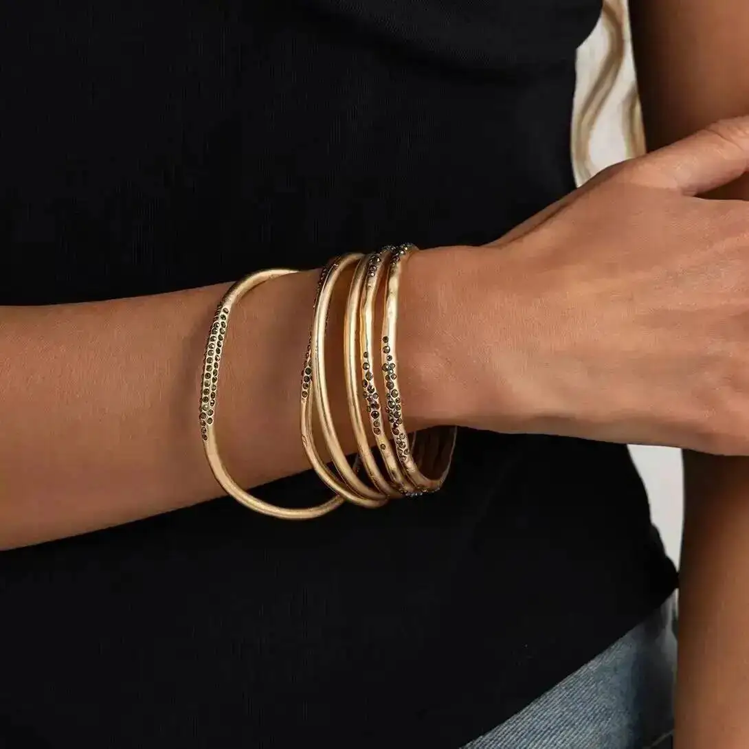 KunJoe 6 Pcs/Set Geometric Inlay Rhinestone Bracelet for Women Fashion Gold Color Minimalist Stackable Bangles Jewelry Accessory