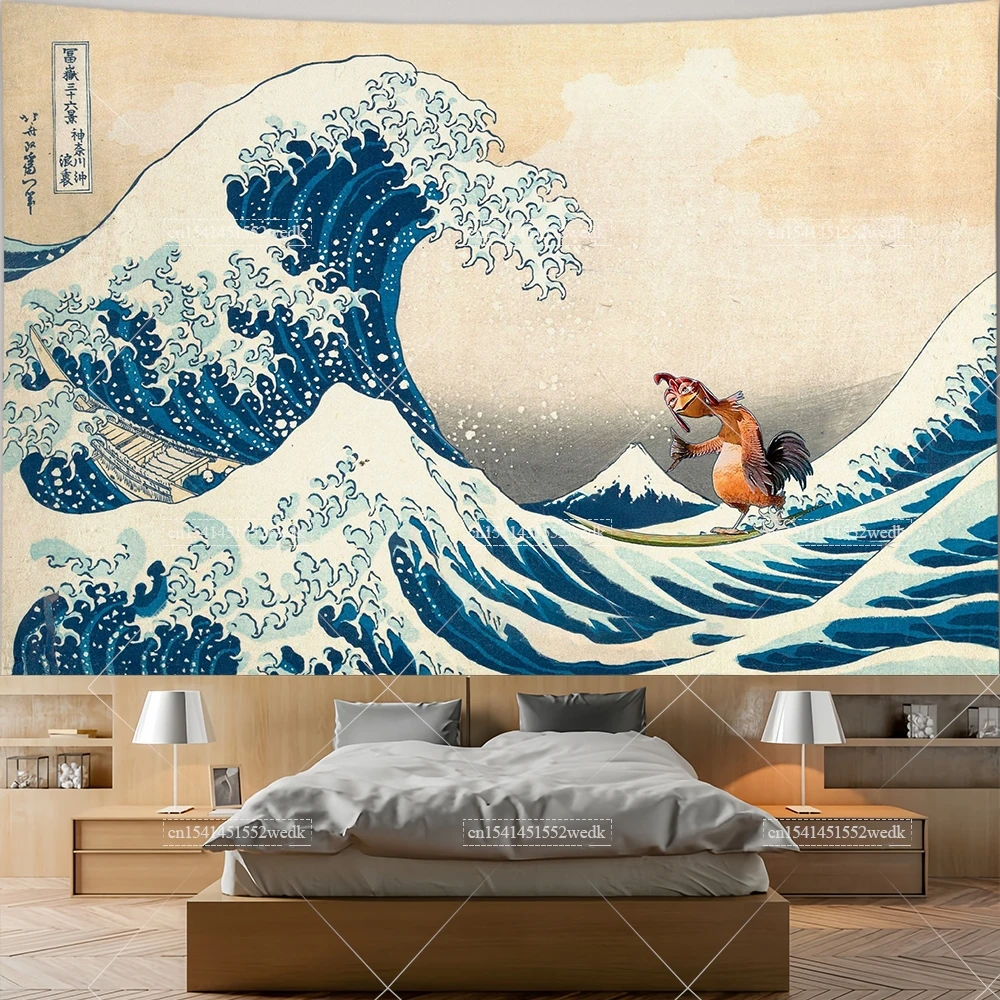 موجة كبيرة كاناغاوا المشارك الدجاج جو العلم ميمي نسيج الجمالية جدار الفن لوحات غرفة ديكور أنيمي خلفية الملابس #1