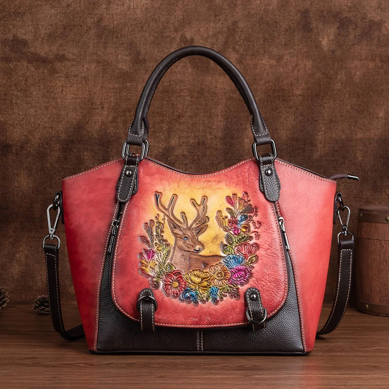 MOTAORA Chinese Style Cowhide Women\'s Tote Bag Miss Vintage 3 Color Large Capacity Handbag Female Genuine Leather Handmade Bags