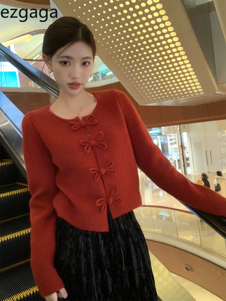 Ezgaga Knitted Cardigan Women Vintage Irregular O Neck Winter Spring New 2024 Fashion Cropped Sweater Female Elegant Tops