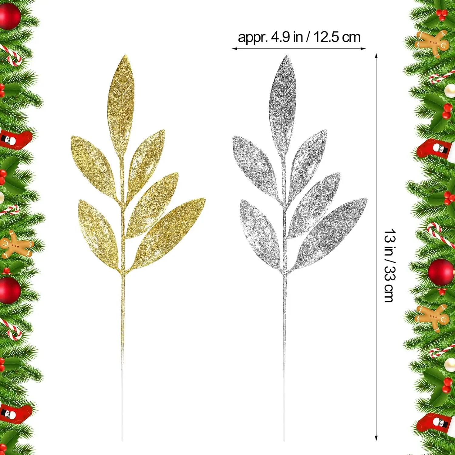 Wholesale Artificial Glitter Leaves Christmas Plastic Gold Silver Olive Leaf DIY Xmas Tree Ornaments Fake Plant Home Party Decor