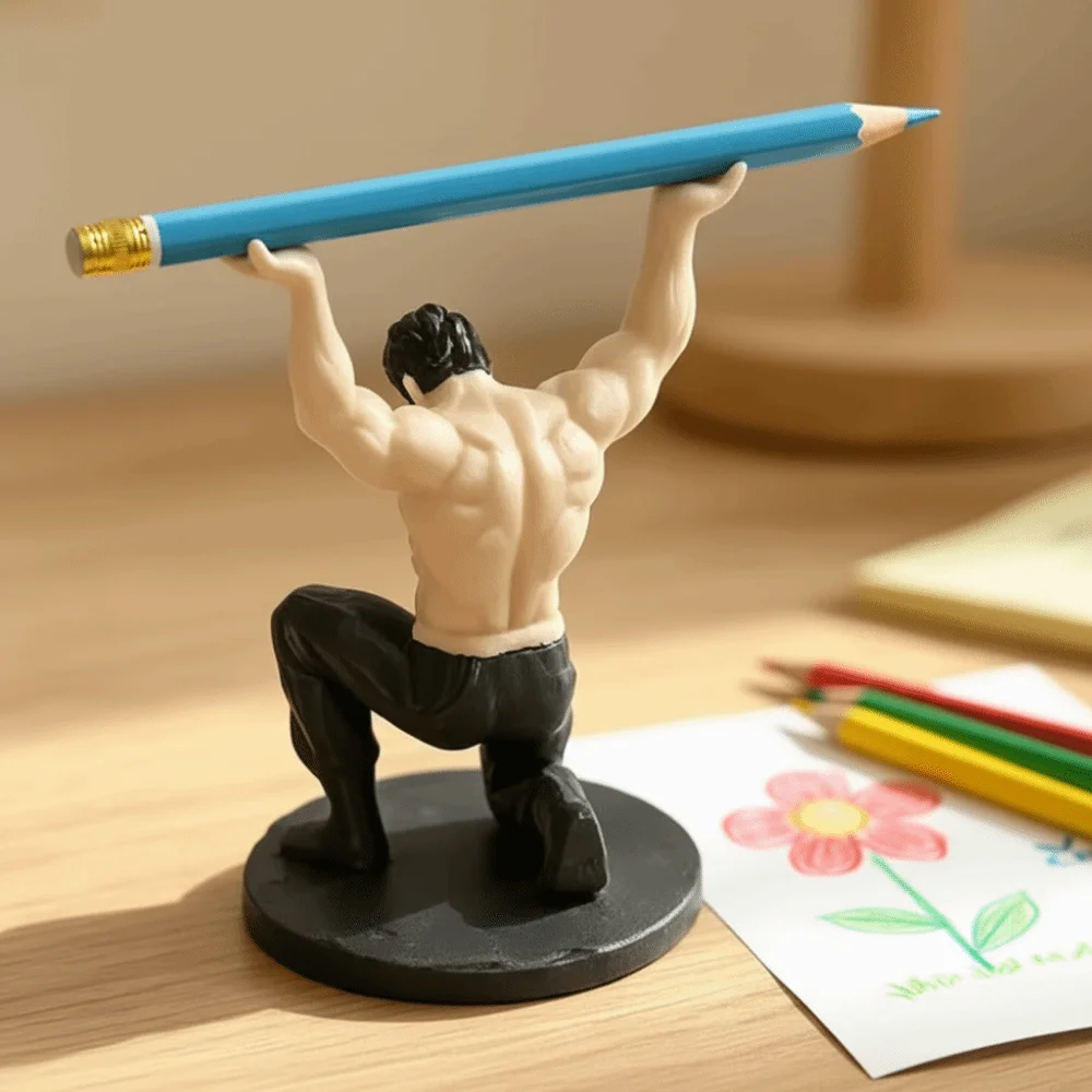 Creative 3D-Printed Muscular Man Pen Holder Plastic Pen Stand Desktop Muscle Man Ornament with Base Muscular Man Figurine Office