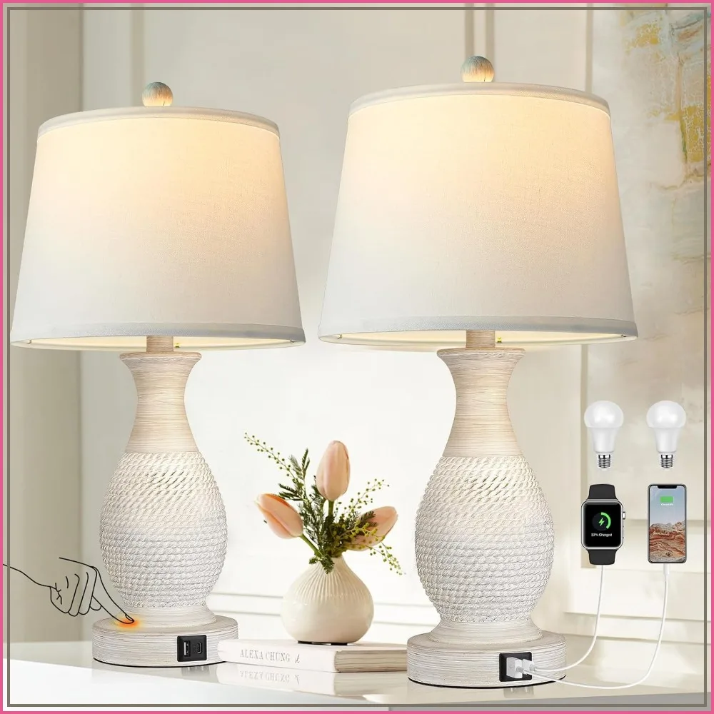 Set of 2 Touch Table Lamps with USB Charging, Dimmable, White Fabric Shade, LED Bulbs Included