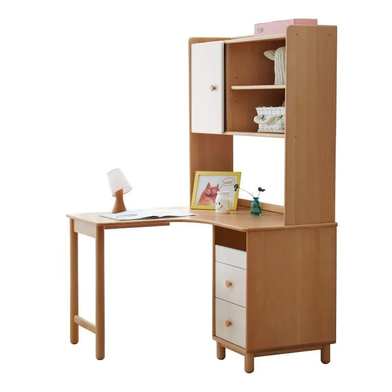 Solid wood desk, simple European beech corner bookshelf desk combination, modern study table