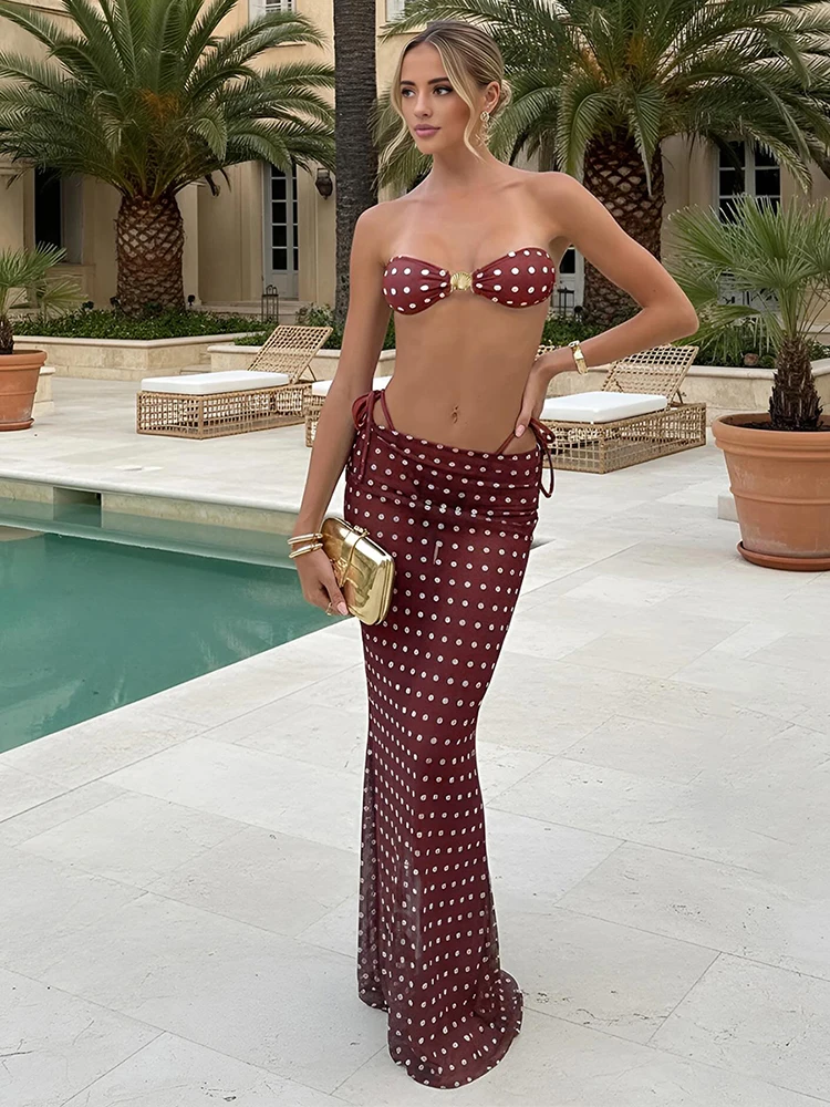 

Комплект из 3 предметов Leosoxs с принтом в горошек: сексуальный женский костюм с открытой спиной, бандажный топ с металлической пряжкой, шорты и сетчатая юбка для отпуска