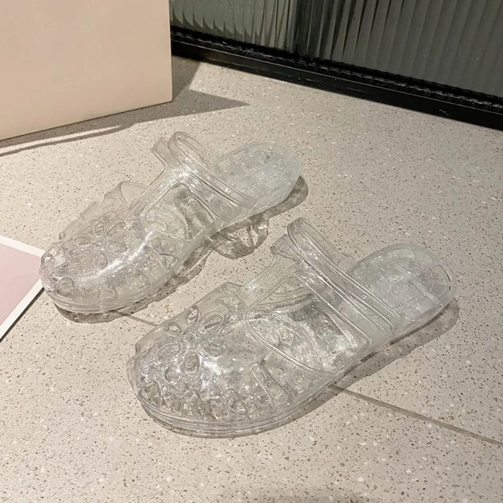 

Повседневные прозрачные тапочки из ПВХ с кристаллами, сандалии с открытым носком и цветочным принтом, пляжная обувь, нескользящие тапочки 2 в 1, летние