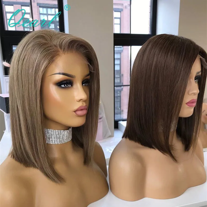 Lace Frontal Wigs Medium Brown Blonde New in Short Bob Human Hair Wig 13x4 Glueless Straight Lace Front Wig Pre Plucked Qearl