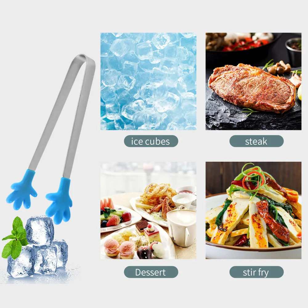 Mini Tong Silicone Hand Shape Food Tongs Stainless Steel Kitchen Tongs for Serving Food Ice Cube Fruits Sugar Barbecue BBQ