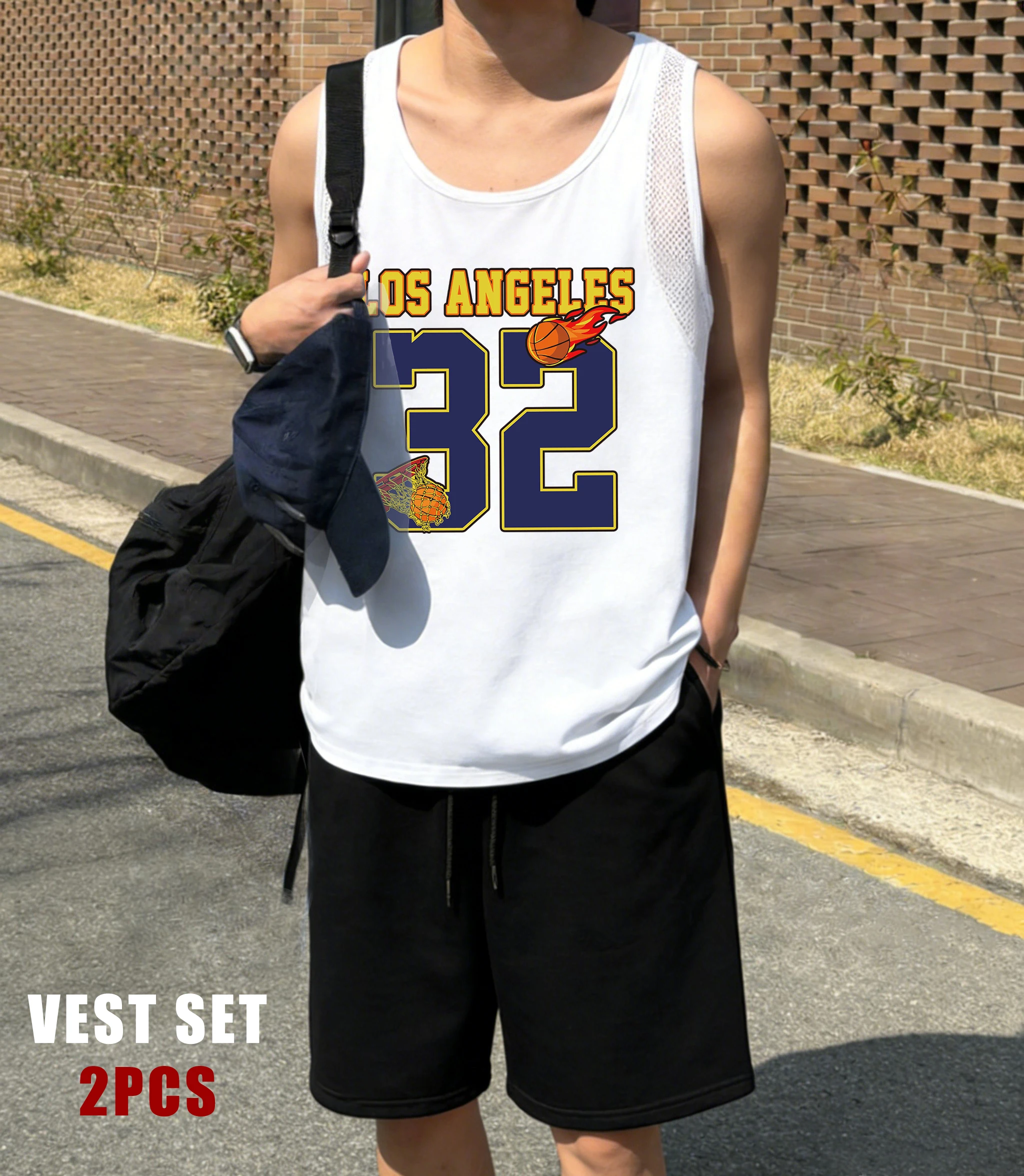 

Los Angeles Number 32 Jersey Men Reticular Vests Set Summer Drawstring Shorts Basics Sweatpants Unisex All-Match Soft Singlet