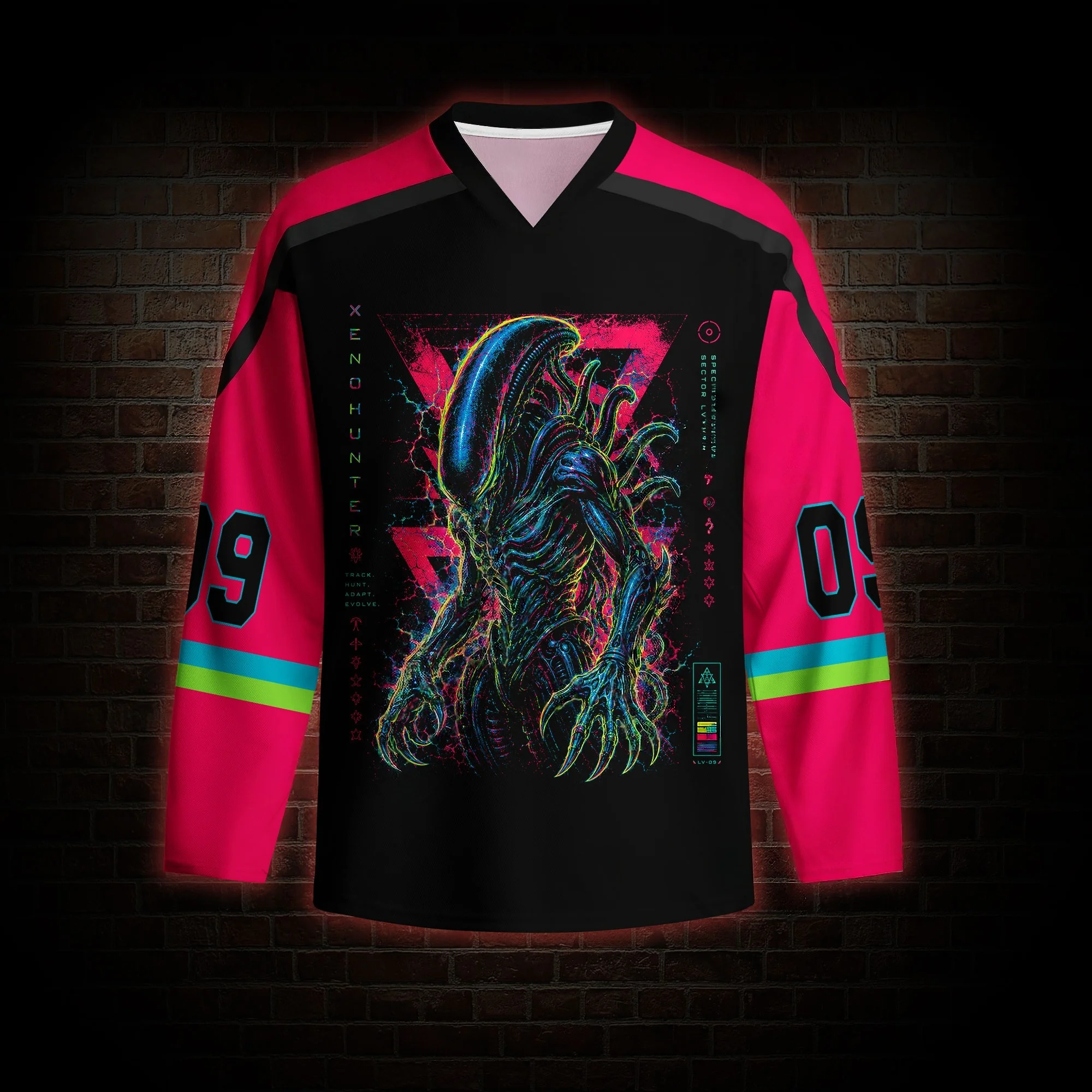 2026 Neon Sci-Fi Alien Creature Long Sleeve Hockey Jersey, V Neck Cyber Punk Streetwear Top, Colorful Halloween Party Outfit