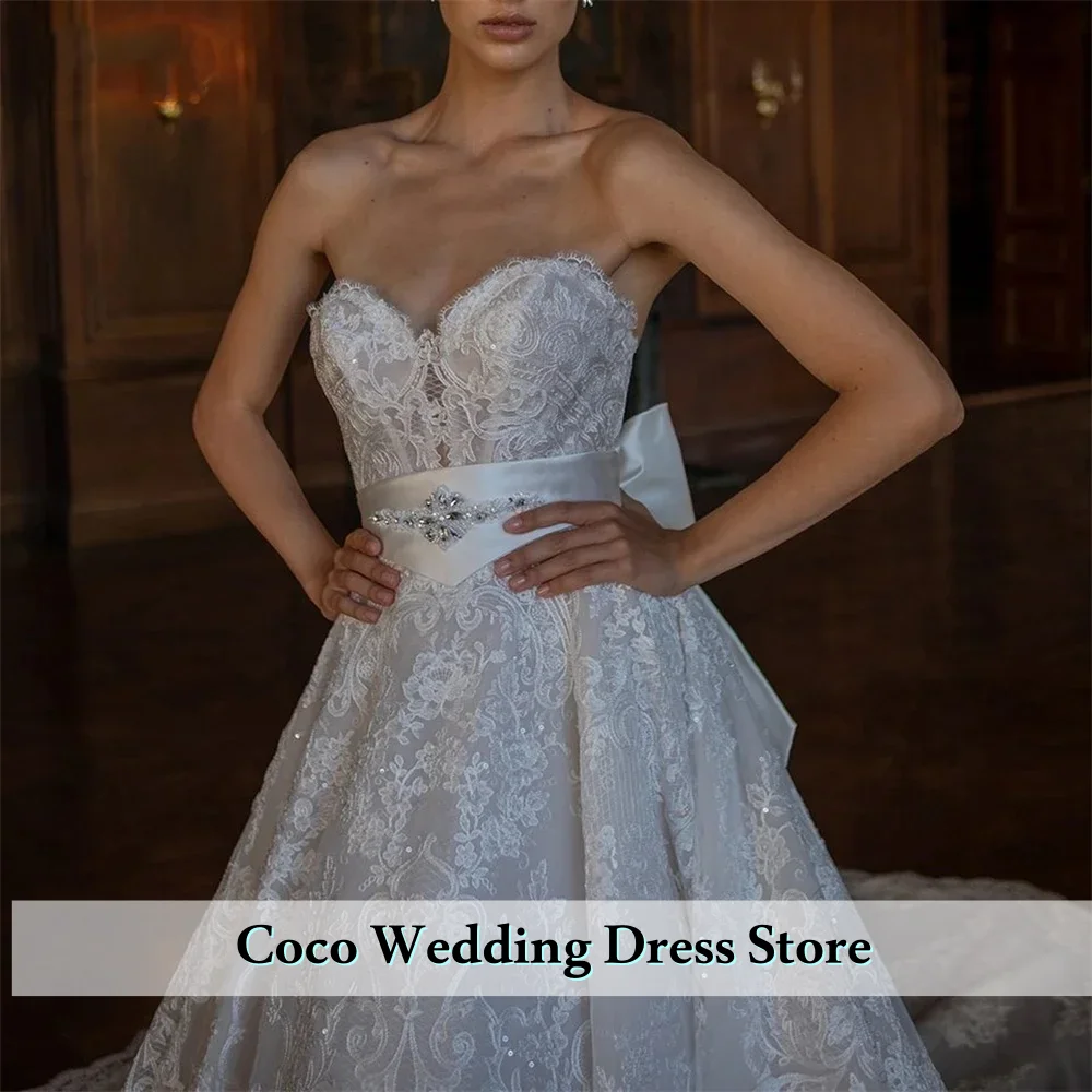 Customized Elegant A Line Women Wedding Dress Neck Sleeveless Bridal Gowns Lace Crystal Sweep Train Dress  Vestidos De Novia