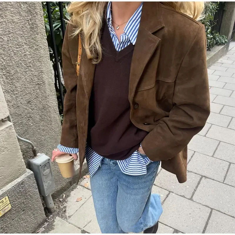 2024 new Autumn Winter Retro Women's Brown Lapel Buttons Suit Jacket Pockets Versatile Oversized Coat Lady Casual Outerwear Y2K