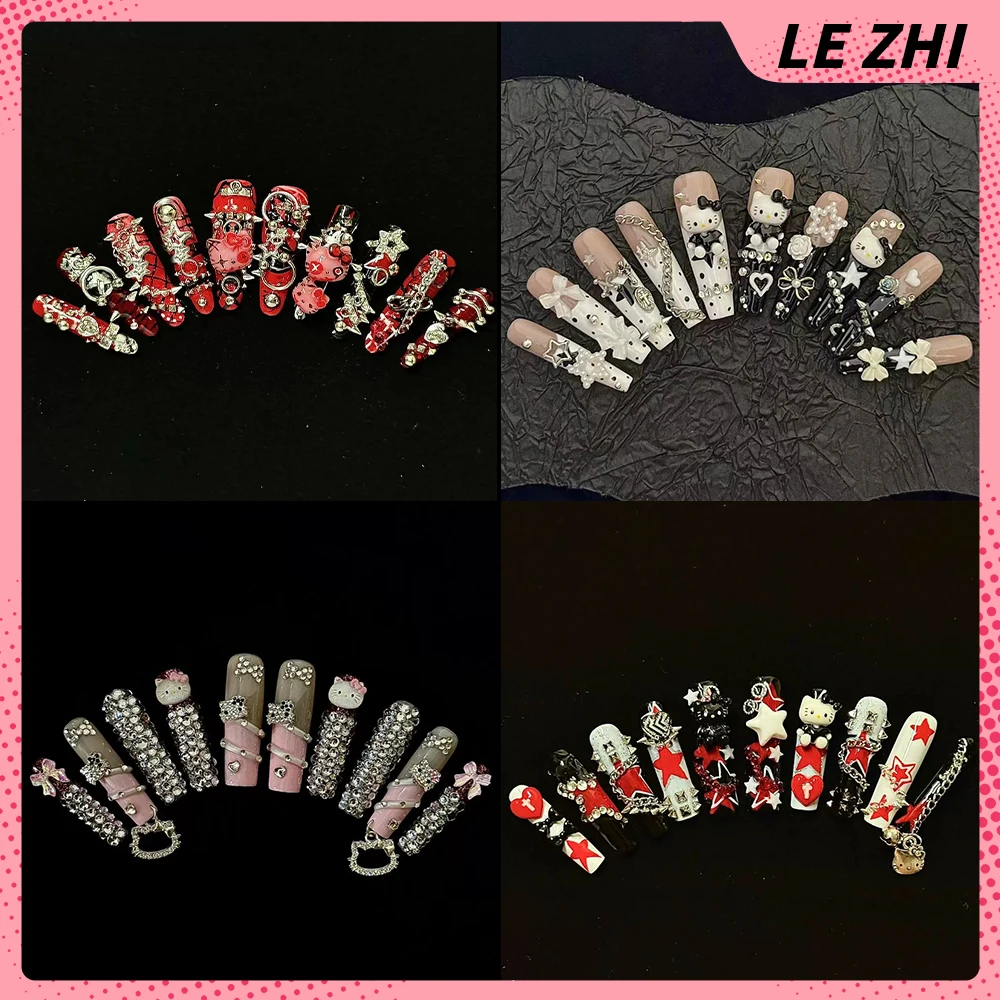 

Spicy Girl Sanrio Hello Kitty Handmade Long Coffin Press On Nails Punk Heavy Metal Chain Diamond Bowknot Rivets False Nail Gifts