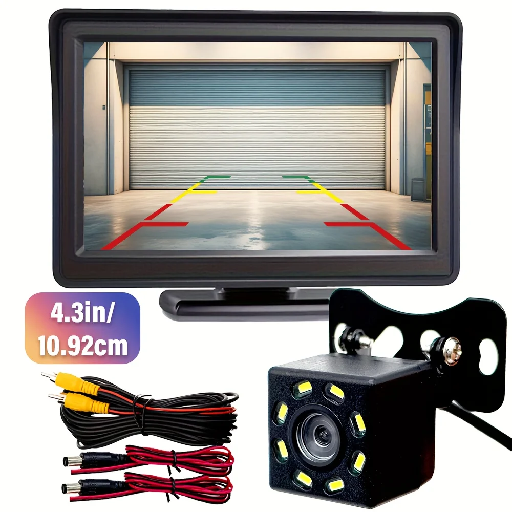 4.3-inch LCD display and rearview system with 8LED camera with night vision for pickups, sedans, SUVs, and RVs-improves safety