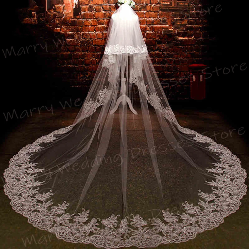 Luxurious Graceful Women's Wedding Veil Beautiful Classic Lace Appliques Charming Long Bridal Veil Cathedral Tocado Novia Boda