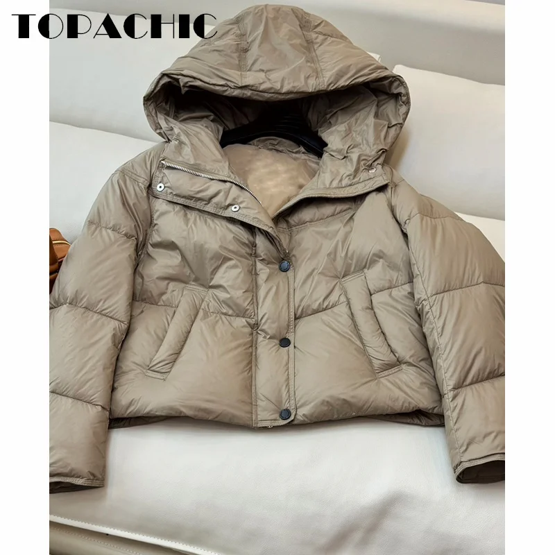 8.28 TOPACHIC-Women Adjustable Drawstring Hooded Short Down Jacket Zipper Loose Casual Down Outerwear