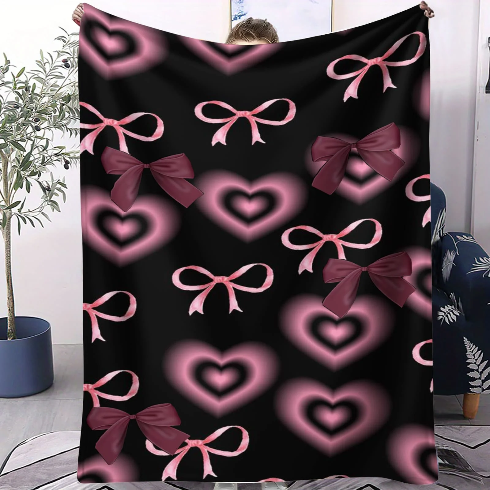 Coperta in pile floreale con fiocco a cuore rosa - Morbido motivo dolce per divano da camera da letto, angolo per ragazze, ideale per i fan dei bambini Kawaii