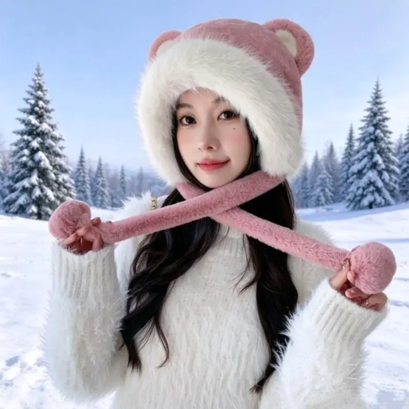 1Pcs Fluffy Pink Faux Fur Bear Ear Winter Hat With Thick Warm Lining And Pom Pom Straps Perfect For Skiing Hiking Cold Weather