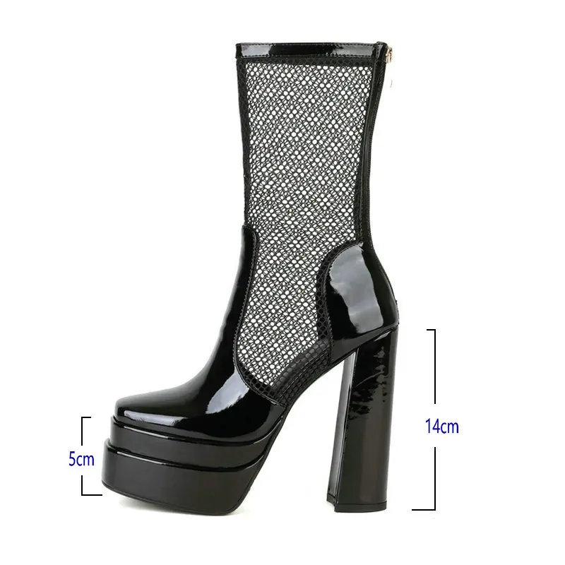 Black White Women Ankle Boots Platform Thick High Heel Ladies Summer Boots Patent PU Leather Square Toe Short Boots for Women