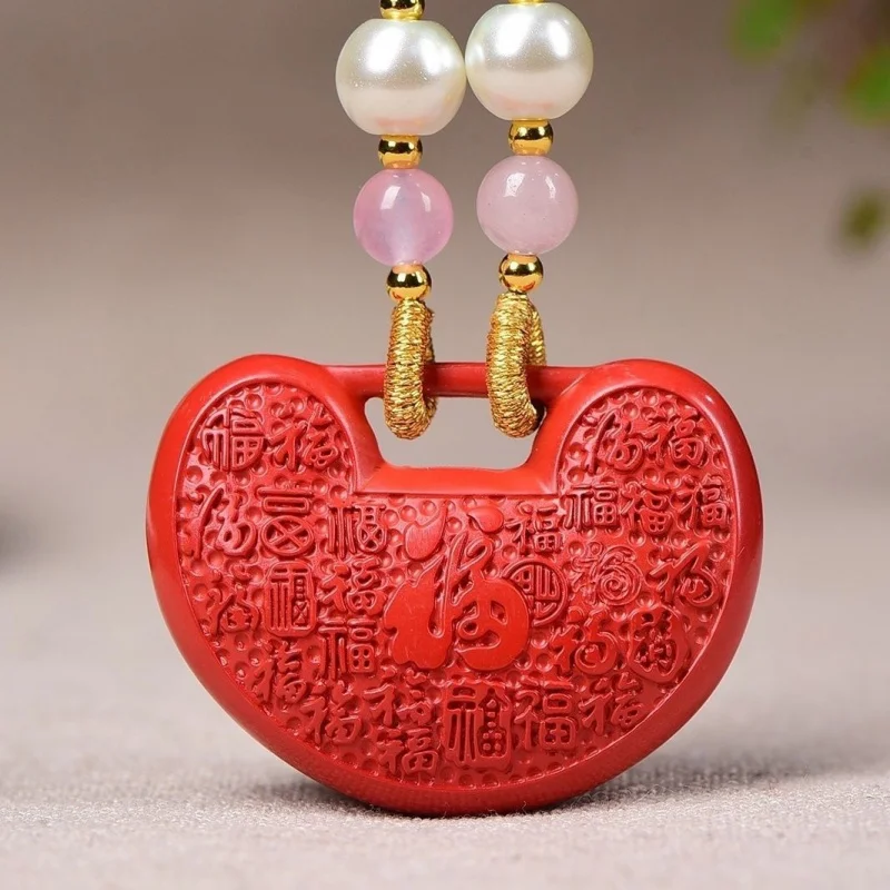 Fidelity Natural Red Sand Necklace Safe Long Life Lucky Lock Men and Women Ruyi Pendants