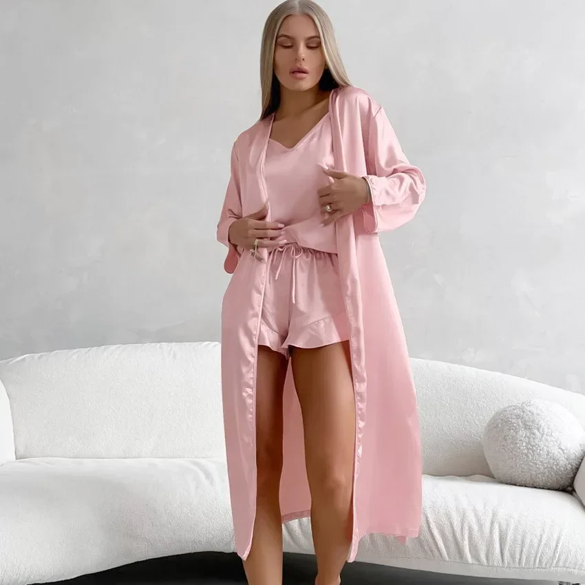 

Lady Sexy Cami Top&shorts&robe 3Pcs Pink Pajamas Suit Satin Home Clothes Loose Nightwear Women Spring Summer Sleepwear