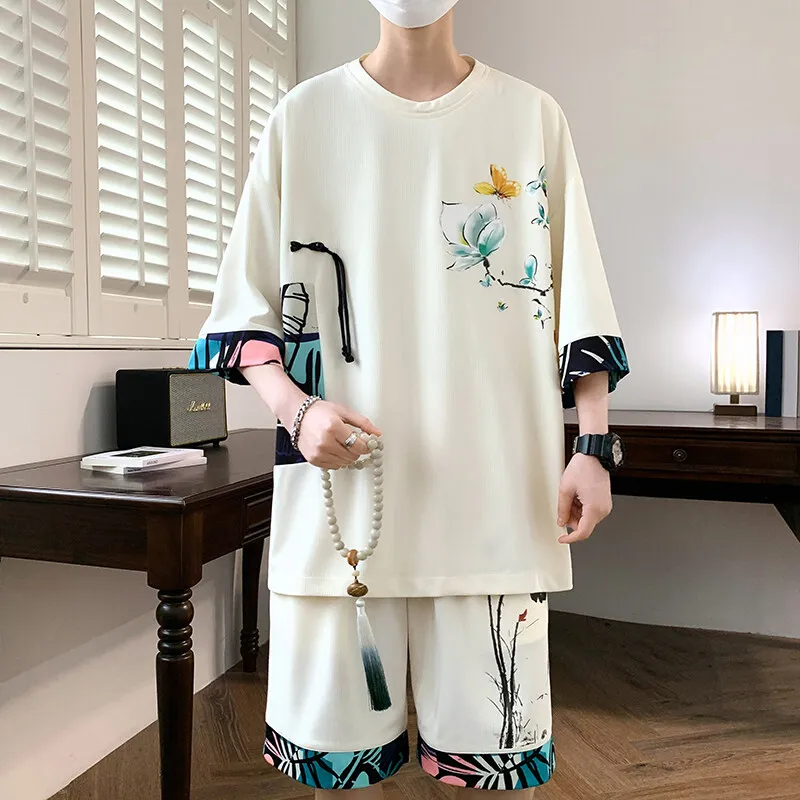 men's Sports fashion casual suit 2025 summer  men's short-sleeved T-shirt + five-point shorts men two-piece print  Sportswear