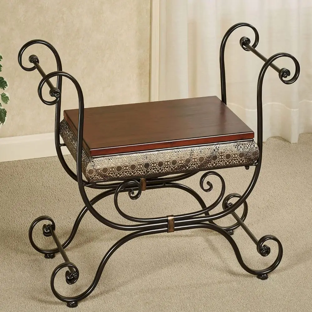 Touch o Class Charleston Ornate Openwork Vanity ench Stool ronze | Lace Scrolls with Arms - Metal with Naturally Cherry Wood at