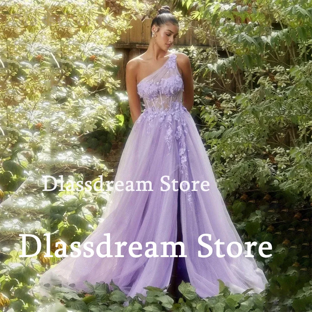 2024 Light Purple Prom Dress One Shoulder Sleeveless Bridal dress A-Line Tulle Lace Appliques Evening Dress Wedding Party Dress