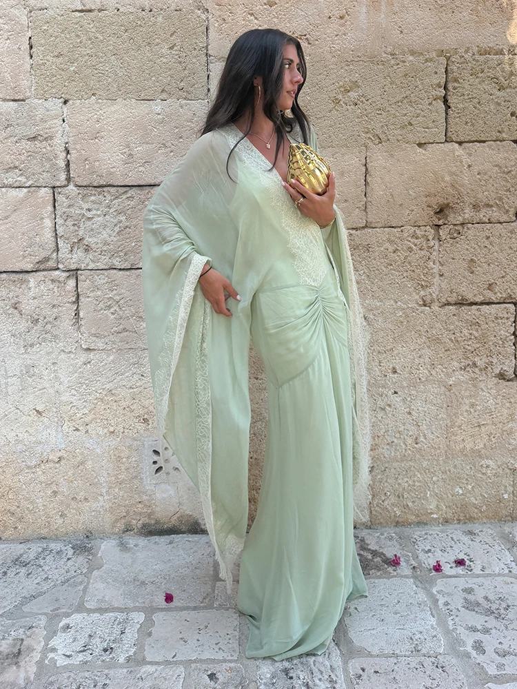 Elegant Green Lace V Neck Maxi Dress Women Chic Full Flared Sleeve Pleated Slim Fit Layered Gown Evening Wedding Guest Robe 2026
