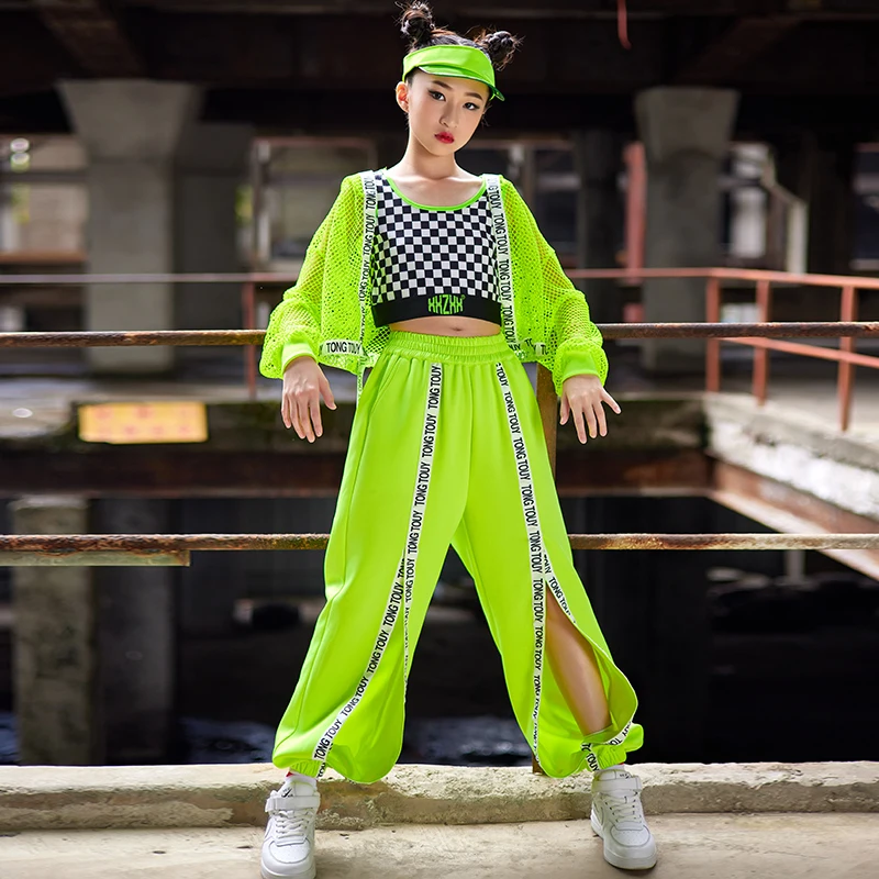 New Jazz Dance Clothes For Girls Fluorescent Green Net Tops Pants Kids Hip Hop Costume Concert Performance Wear Pink Suit BL9245