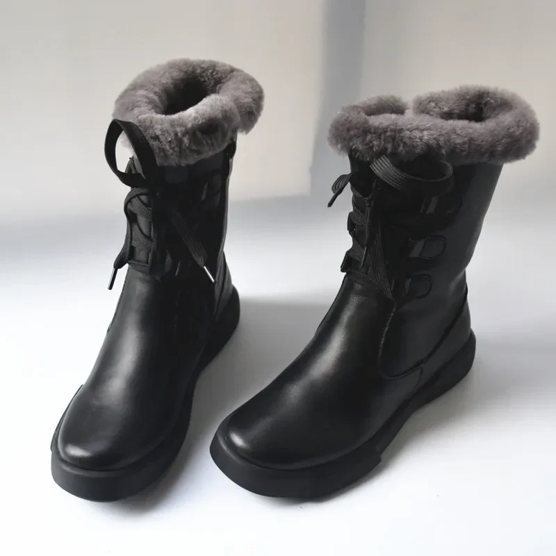 Winter women's high boots, cowhide with thick wool inside, soft and warm snow boots cold-proof