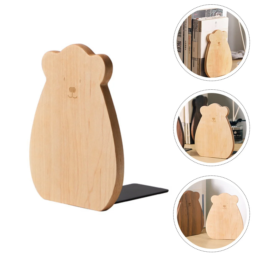 

1pc Wooden Bookend Bear Shape Book Stopper Desk Decor Accessory Natural Wood Color Smooth Finish Bookshelf Fitting