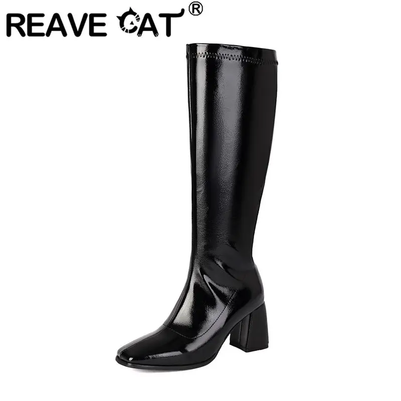 

REAVE CAT White Female Knee High Boots Square Toe 7cm Chunky Heel Zipper Plus Size 45 46 47 48 Sexy Party Wedding Handmade Botas