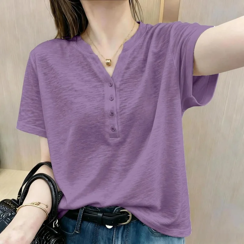 Women Notch V Neck Button Short Sleeve T Shirt Cotton Loose Breathable Hide Belly Summer Casual Basic Top