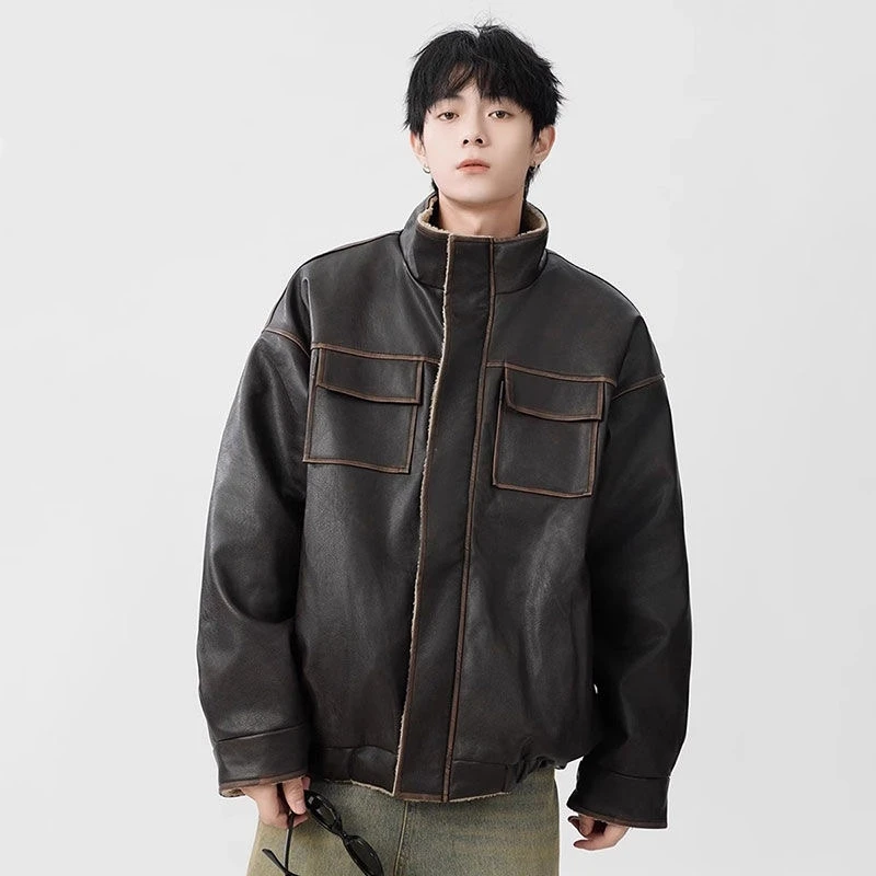 

Ретро-японская мужская куртка оверсайз из хлопка с флисовой подкладкой, кожаными и меховыми вставками, в стиле рабочей одежды, модная, весна-осень