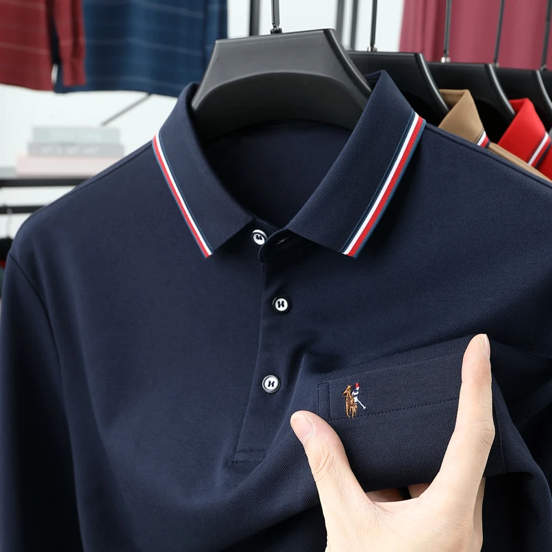 

Дизайнерская марка пони вышивка длинными рукавами polo рубашка Высокий уровень мужской мода легкий карман бизнес досуг перевернутый воротник футболка