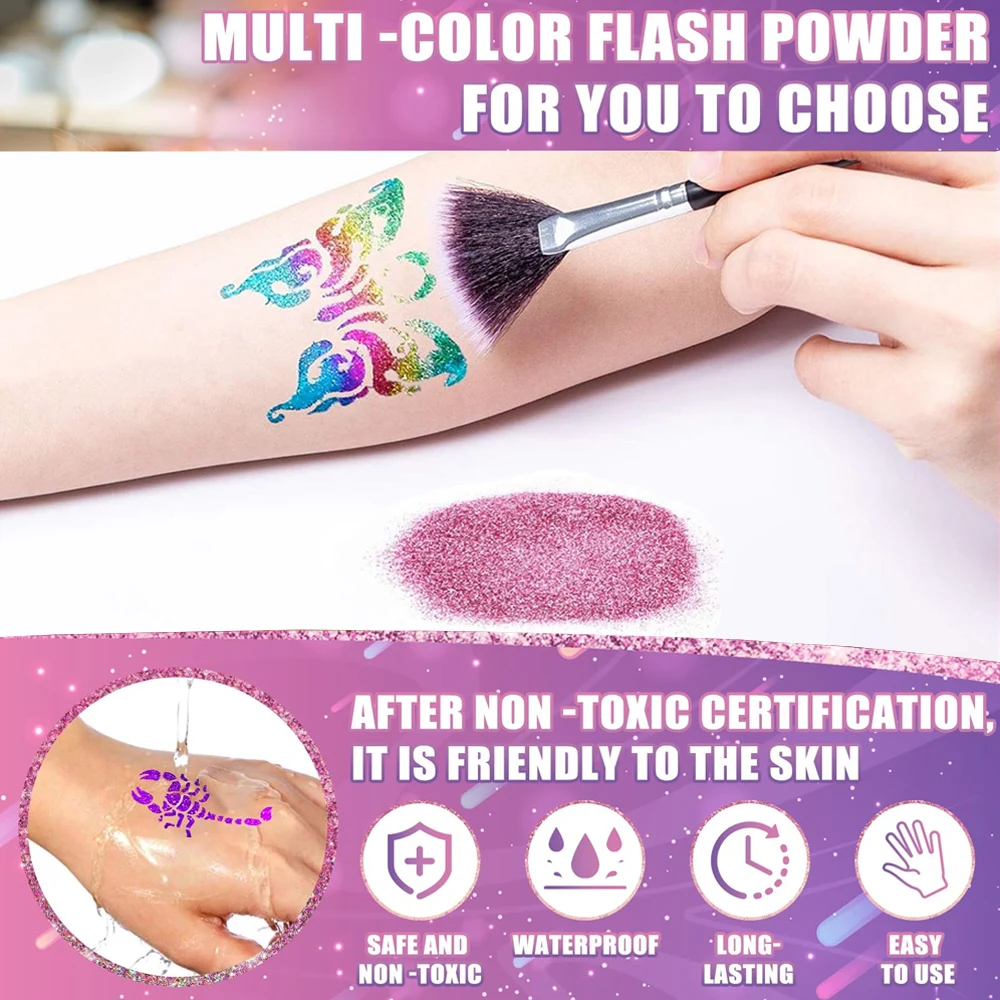 Temporary Glitter Tattoo with Stencils 12 Glitter Colors Adults Arts Glitter Make Up Kit for Birthday Christmas Gifts