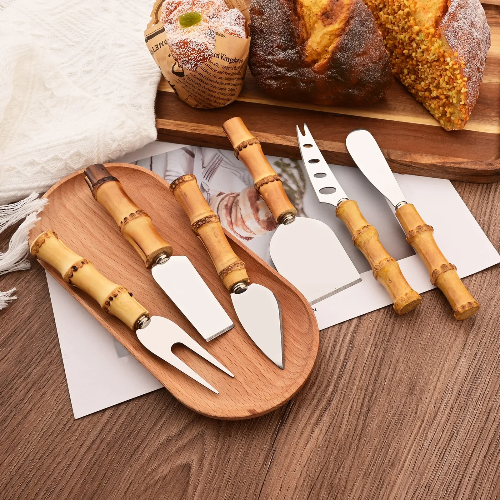 6Pcs Steel Stainless Cheese Cutter Knives Natural Bamboo Handle Cheese Slicer Cheese Cutter Tableware Kitchen Baking Tool Set