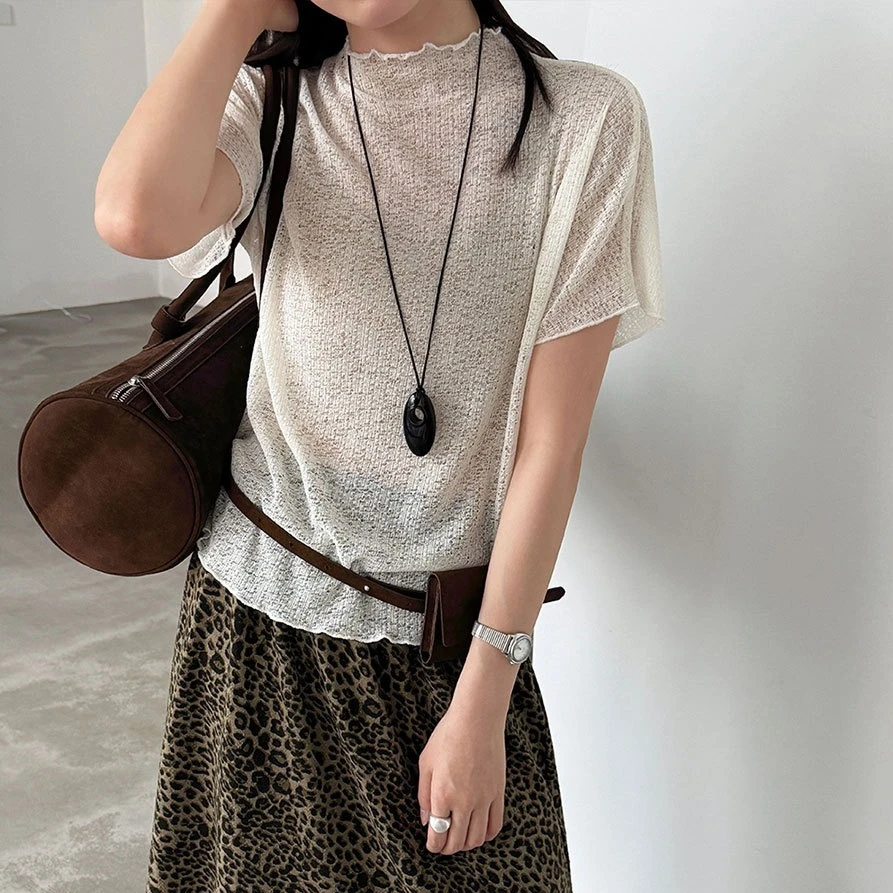 

Tops Women Top Sexy Y2k Streetwear Mock Neck Short Sleeve Casual Regular Ruffles Lace Tees Elegant Work Slim Fit Summer 2026