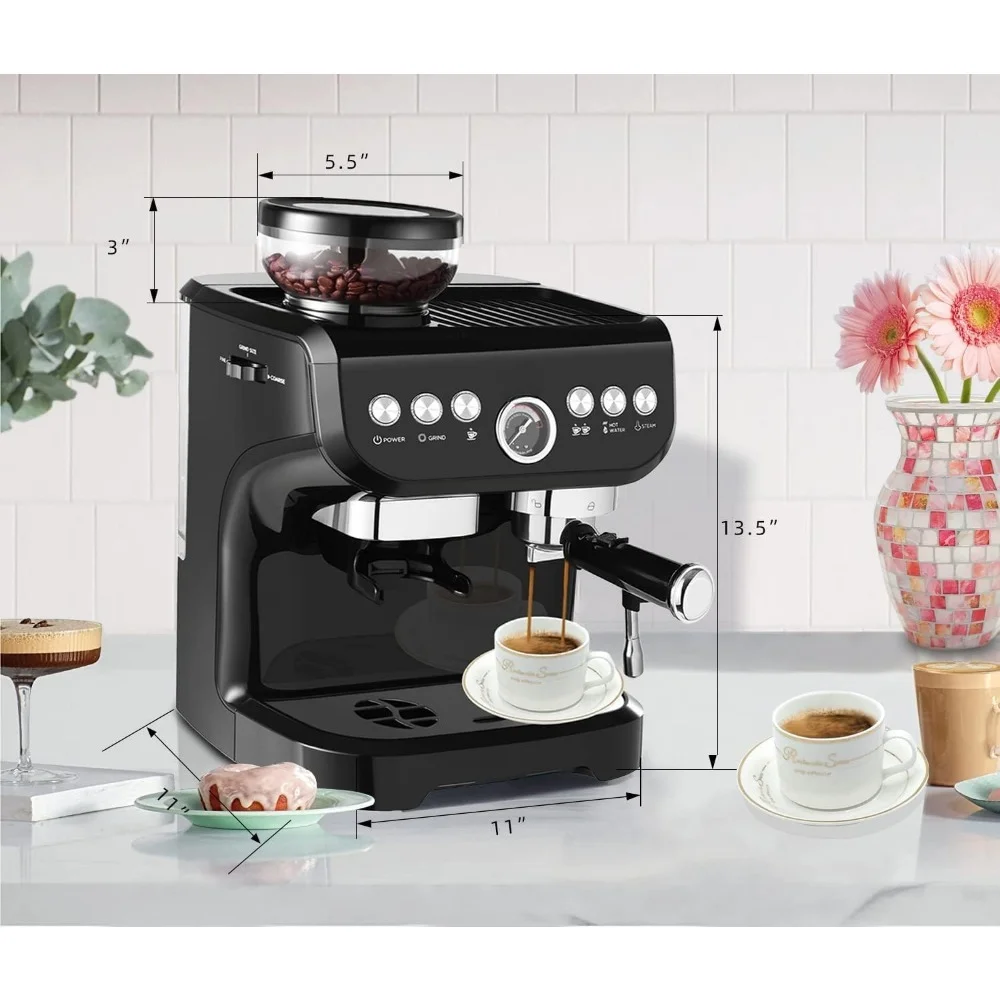 Espresso Machine with Grinder, Professional Espresso Maker with Milk Frother Steam Wand, 15 Bar Coffee Makers