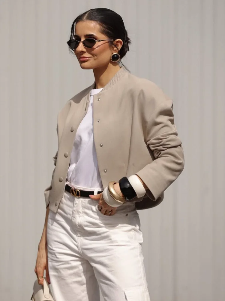 

Casual Women Solid Round Neck Cropped Coats Fashion Long Sleeve Single Breasted Jackets 2025 Autumn Lady Street Office Outwears